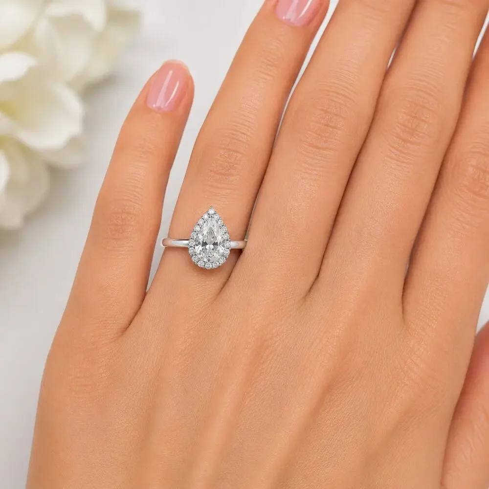 925 SS Moissanite Pear Cut Halo Engagement Ring 1.79 CTW Size 8 w/ LED Gift Box
